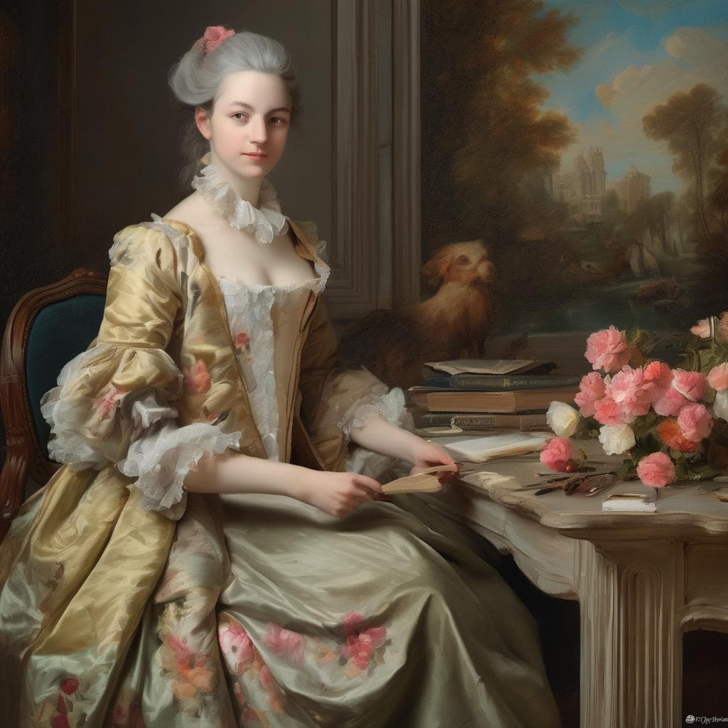 Θηλυκή μορφή σε πορτρέτο εποχής με βιβλία και λουλούδια, δημιουργία και καινοτομία στην τέχνη.