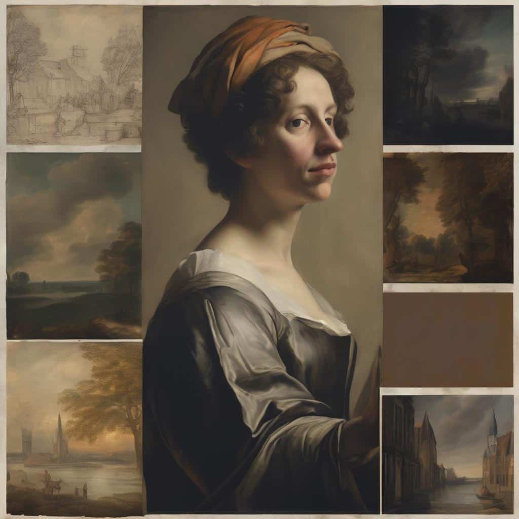 Νεαρή γυναίκα σε ρεαλιστικό πορτρέτο με έργα τέχνης στο παρασκήνιο, σύγχρονη δημιουργία και καινοτομία στην τέχνη.