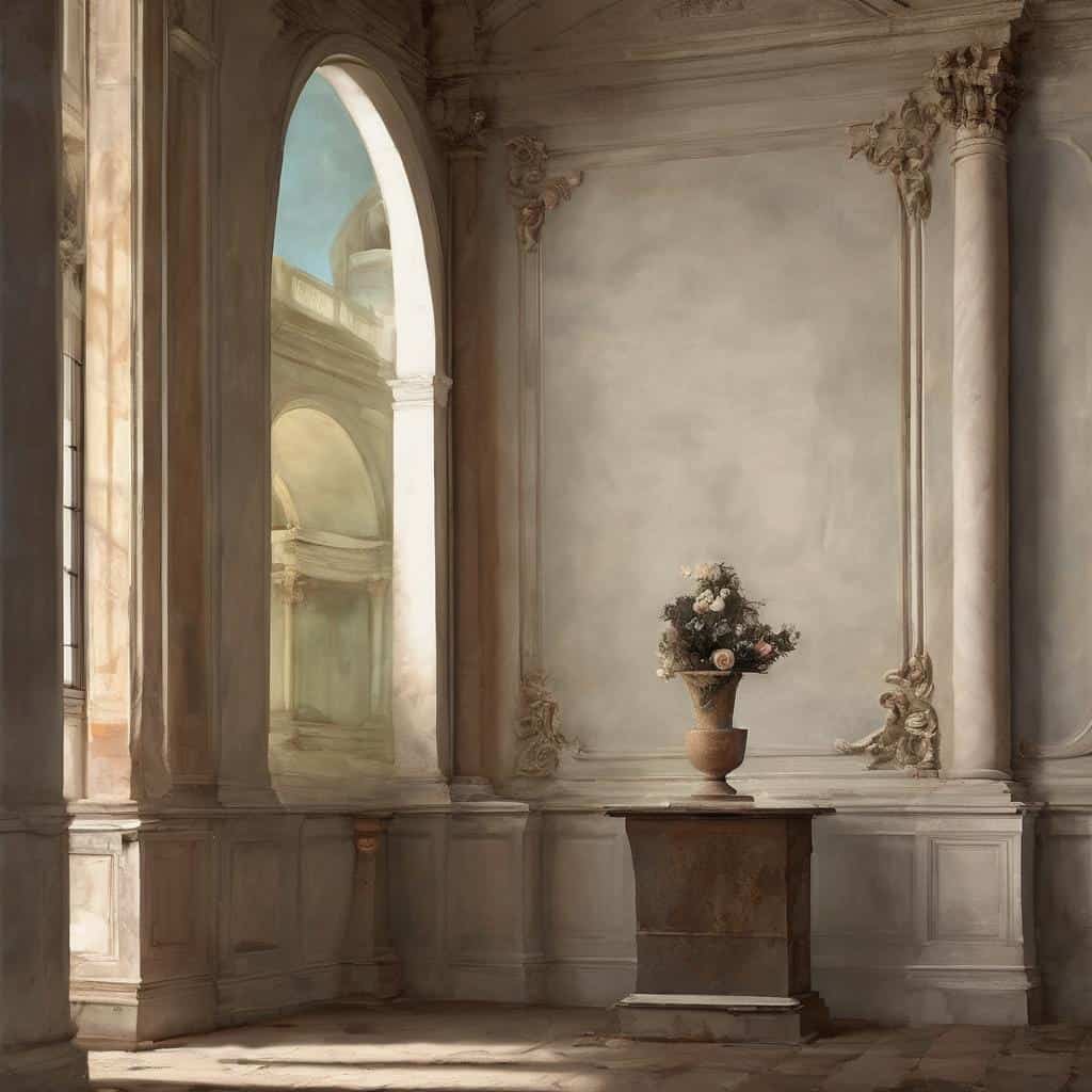 Χυτές αρχαίες ρομαντικές αίθουσες και διακόσμηση εσωτερικών χώρων με βάζο και λουλούδια, δημιουργία και καινοτομία στην τέχνη.