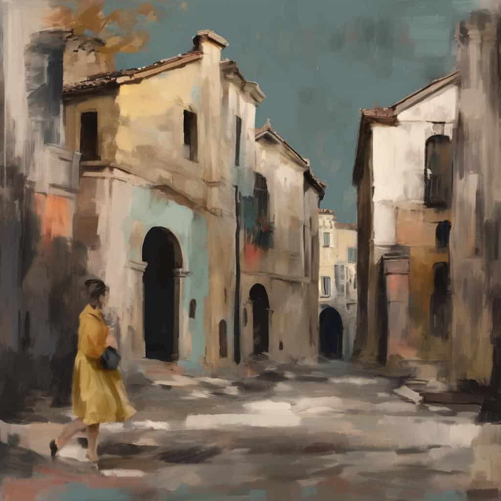 Βιετναμικό αστικό τοπίο με παλιά κτίρια και περαστικό σε ποιητικό στυλ.