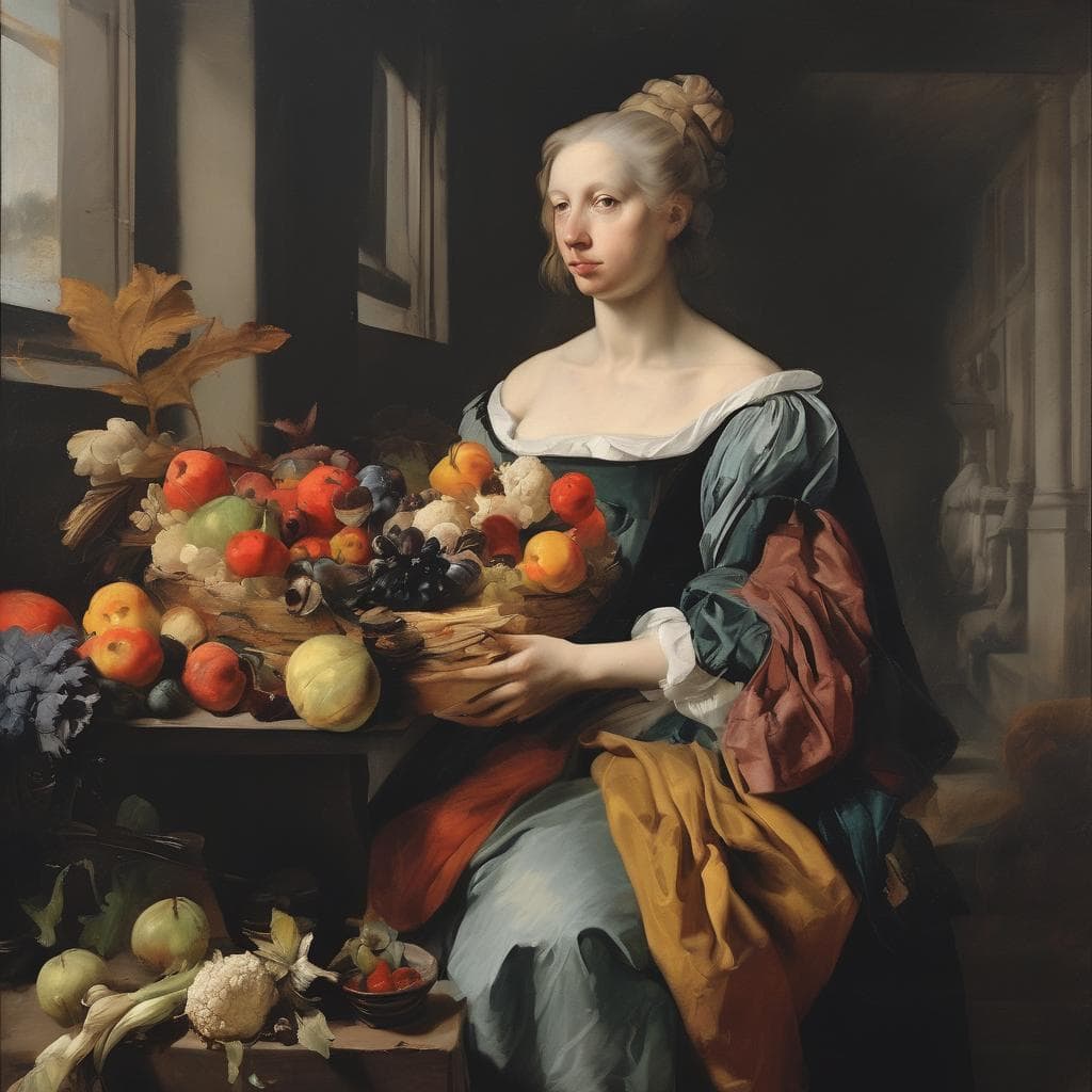 Φωτογραφία ζωγραφικής με δημιουργία και καινοτομία στην τέχνη, με γυναίκα στης εποχής που κρατάει καλάθι με φρούτα.